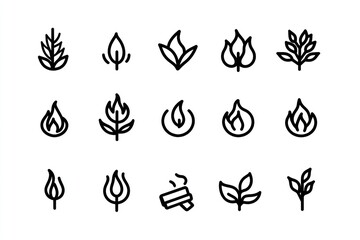 Flame icons, various shapes, white background, design element