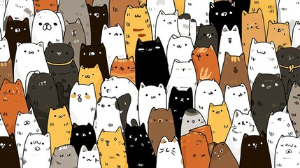 A multitude of charming cartoon cats fills the scene.