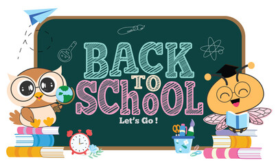 Back to school greeting clipart template design. School colorful greeting text in chalkboard educational elements clip art with cute owl and bee animal character sitting in books vector illustration.
