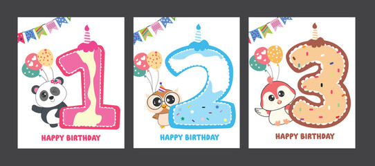 Happy birthday party clipart poster set design. Birthday greeting text with colorful numbers, age, animal character, pennants and balloons clip art collection birth day card layout template vector 