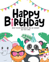 Fototapeta premium Happy birthday greeting clipart poster design. Birthday greeting text with wishes and animal characters like elephant, lion, panda bear and fox clip art festive decoration template vector illustration