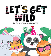 Wild birthday greeting clipart poster design. Wild animal characters for birthday card template clip art like elephant, fox, panda bear and lion wearing party hat and sunglasses with bday greeting 