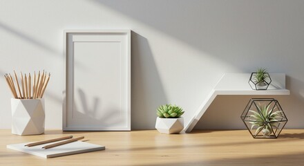 Blank Frame Mockup with Pencils and Plants on Wooden Desk