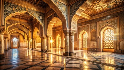 Golden sunlight streams through intricate arches in a grand hall, illuminating ornate columns and mosaic flooring, creating a scene of breathtaking architectural splendor.
