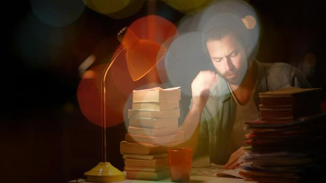man leaning on hand studying late in dark room, displaying animated education charts and data icons