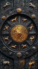Obraz premium Zodiac animals bronze door, ancient design, cultural heritage, historical background, decorative use