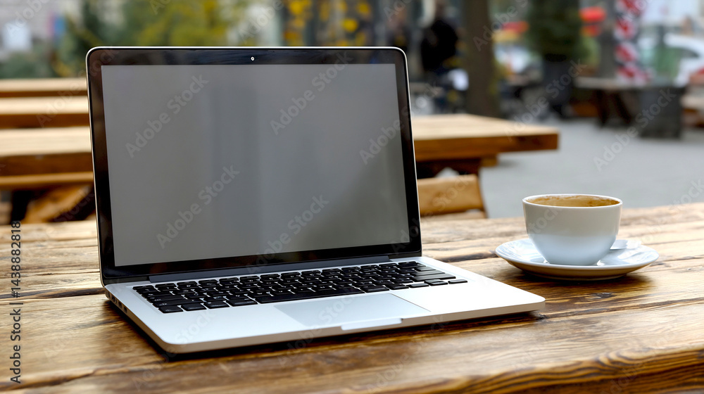 Poster modern laptop on a rustic wooden table beside a freshly brewed coffee cup and an inviting café setti