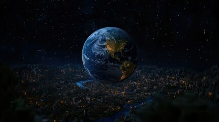 Naklejka premium Earth above city at night, starry sky