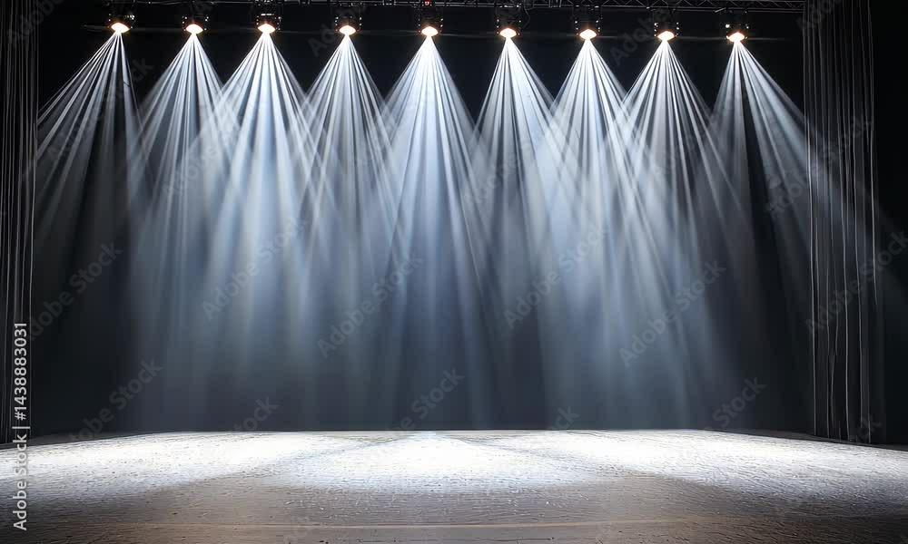 Poster Dynamic stage lights transitioning across an empty theater stage
