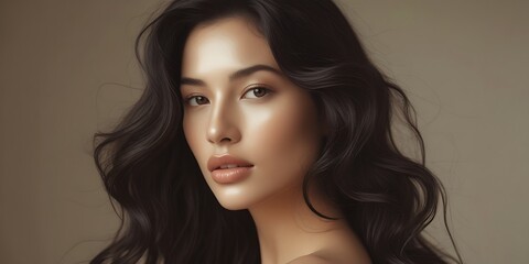 Naklejka premium Confident brunette woman with flawless skin and flowing dark hair posing against a neutral beige background, showcasing natural beauty, elegance, and a timeless aesthetic. 