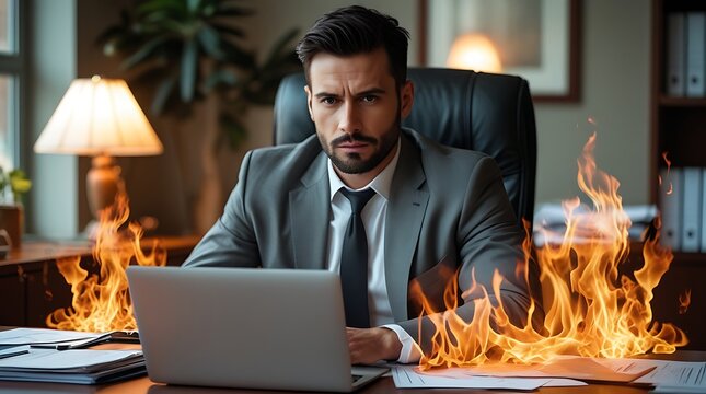 Stressed businessman surrounded by flames while working at his office desk on a laptop, symbolizing burnout, pressure, and workplace anxiety in a corporate setting
