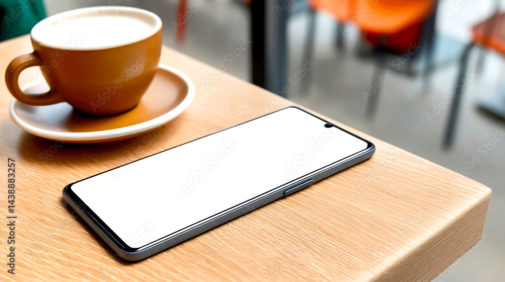 Aufkleber minimalist coffee cup on a wooden table next to a smartphone with a blank screen : generative ai