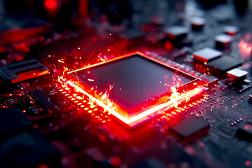 Hot glowing computer chip with bright red lights on a dark circuit board background suitable for technology designs : Generative AI