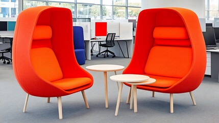Orange pod chairs & small tables create a modern office workspace