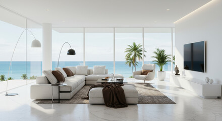 Fototapeta premium Coastal Chic Living: Modern Interior with Ocean Views, Luxurious Couch, & Minimalist Design for Ultimate Relaxation.