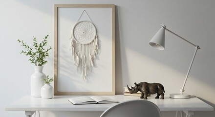 Desk Setting with Dreamcatcher, Plant, Lamp and Rhino Sculpture