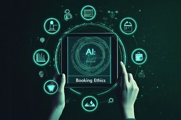 AI-powered booking ethics, illustrated on a tablet. Hands holding a device with a graphic interface highlighting ethical considerations in booking systems