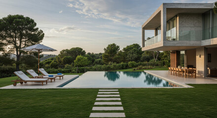 Fototapeta premium Modern Oasis: Luxury Home with Pool & Green Lawn | Architecture, Design, Landscape, Outdoor Living, Serenity