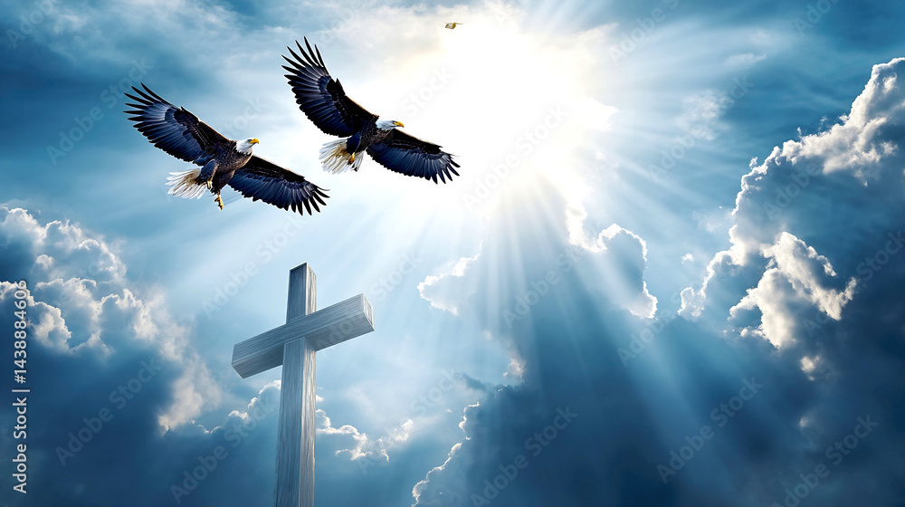 Poster majestic eagles soaring in a bright sky with sun rays shining behind a cross symbolizing freedom and