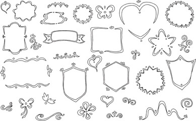 set of cute label frames hand drawn with black curved double lines with rounded corners and with plant elements curls, heart shape, rectangle frames, hexagon, star shape, shields, ribbon label, flower