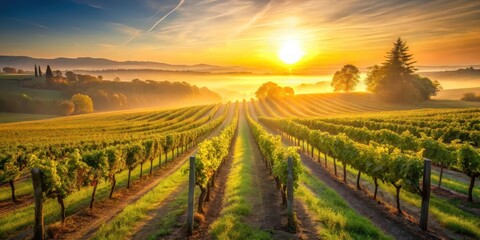 Fototapeta premium Golden Hour Serenity Rows of Verdant Grapevines Basking in the Warm Glow of a Sunrise Over Rolling Hills