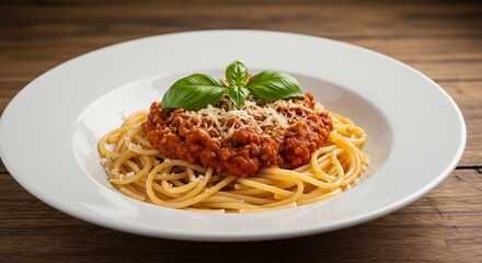 Delicious Spaghetti Bolognese with Fresh Basil and Parmesan Cheese on a White Plate