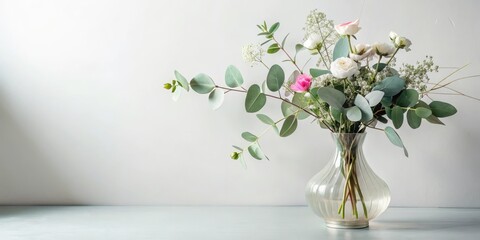 Naklejka premium Elegant floral arrangement in a clear glass vase, featuring delicate white and pink blossoms accented by lush eucalyptus sprigs, rests on a tranquil surface against a muted backdrop.