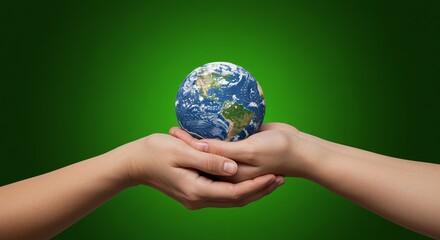 Holding Earth Globe in Human Hands Against Green Background Studio Shot