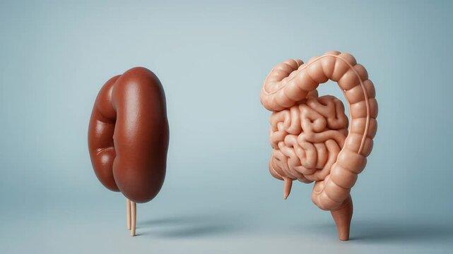 This image presents a realistic 3D depiction of human kidneys and intestines side by side, emphasizing the gut-kidney axis concept on a light blue gradient background