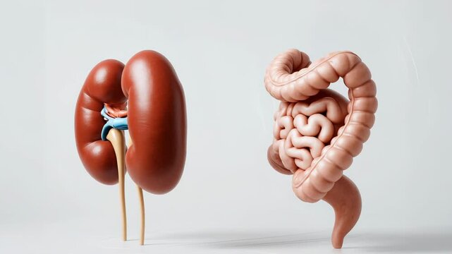 This image presents a realistic 3D depiction of human kidneys and intestines side by side, emphasizing the gut-kidney axis concept on a light blue gradient background