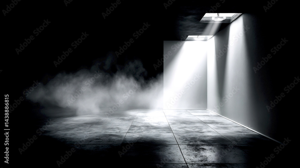 Poster mysterious dark room with light beams creating a dramatic atmosphere : generative ai
