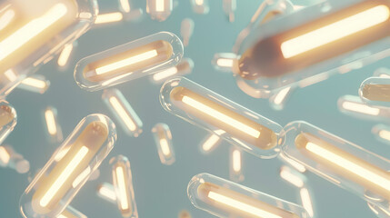 Glowing probiotic capsules with abstract bacteria shapes, symbolizing gut health and microbiome balance, digestive wellness and healthy lifestyle concept.