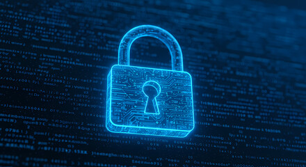 Glowing Digital Padlock on Data Stream Background