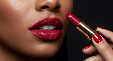 Obraz premium Bold Red Lips: Flawless Lipstick Application for a Stunning Look | Beauty, Makeup, Cosmetics, Style, Glamour