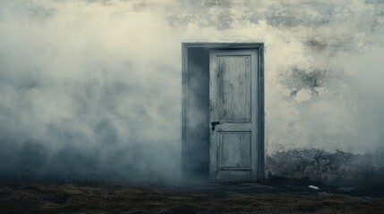 A weathered wooden door opens into a misty landscape.