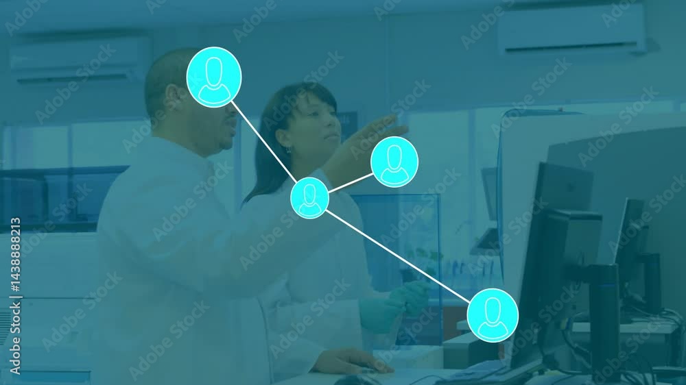 Poster two scientists holding pipette tip and pointing at monitor in biotech lab, with network icons