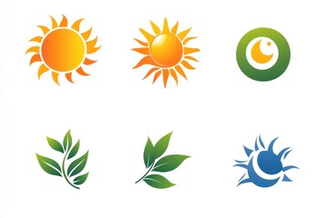 Sun, moon, leaves icons; design elements; white background; website graphics