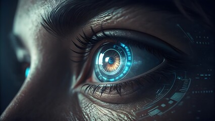 Close up of a human eye with digital interface overlay showing advanced technology