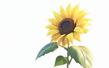 Single Cartoon Sunflower Blossom on White Background with Green Leaves