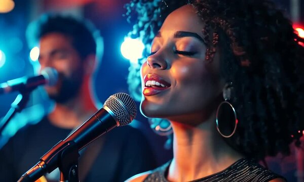 Female singer performing live on stage with band under vibrant lights