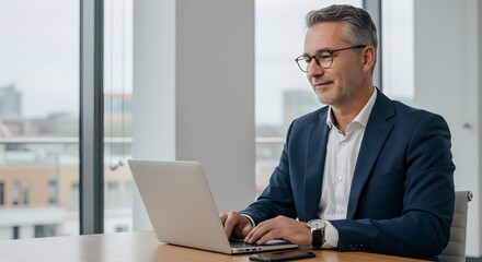 Man in suit and glasses working on laptop in office with city view through the window
