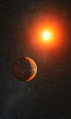 Obraz premium Planetscape Orange Planet in Dark Cosmos with Distant Sun and Starry Sky