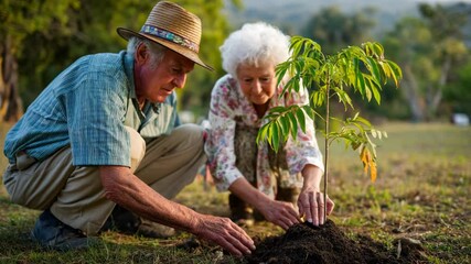 Loving senior couple planting sapling tree in garden, promoting sustainability and environmental responsibility, healthy active lifestyle, and legacy