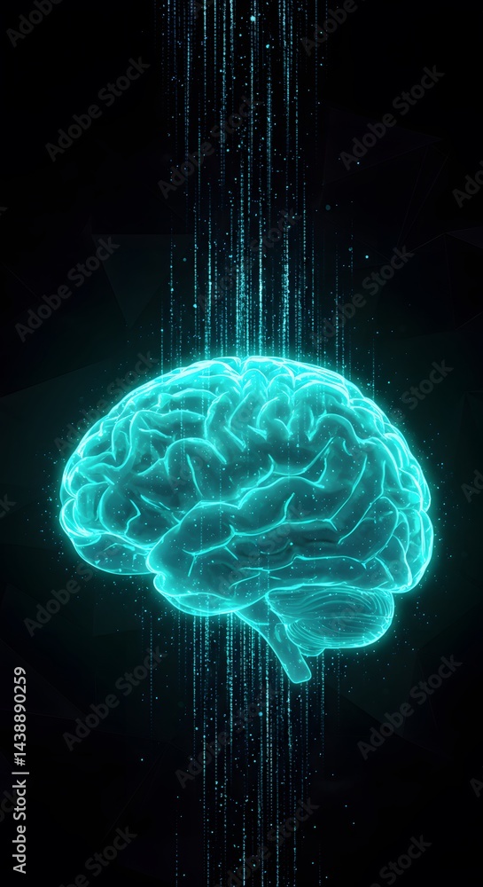 Poster a digital representation of a brain with glowing lines falling down on a black background