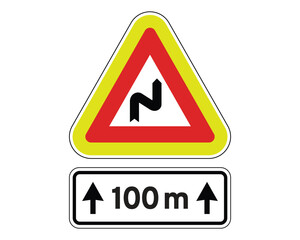 Winding Road Ahead Sign with Distance Marker, Road Hazard Alert – High Quality Stock Image