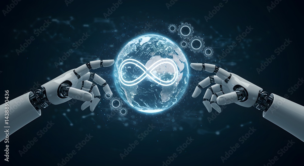 Aufkleber two robot hands touching a glowing globe with an infinity symbol and gears around it