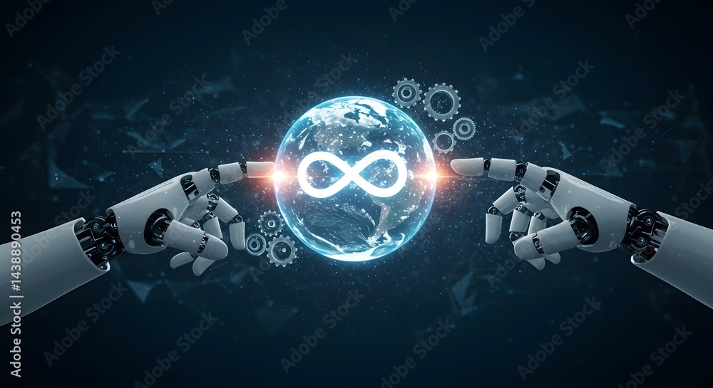 Poster robot hands touching an infinity symbol within a glowing earth globe hologram display
