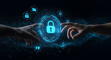Two hands reaching towards a digital padlock surrounded by security icons in blue light