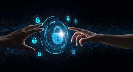 Hands touching digital lock hologram, symbol of cybersecurity