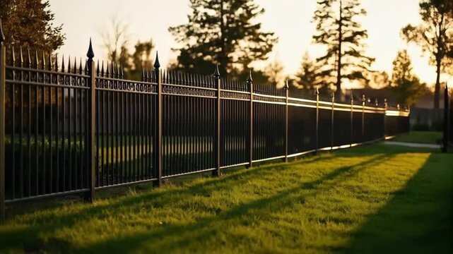 The black fence stands tall, contrasting against the vibrant greenery, adding elegance and privacy.